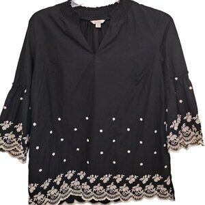 1099)Est1946 Black w White Embroidery 3/4 Tiered Sleeve Peasant Blouse Size L